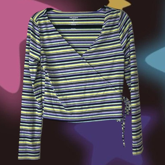 Green and purple striped long sleeve crop top. Deep vneck. Little tie on side - Picture 1 of 4